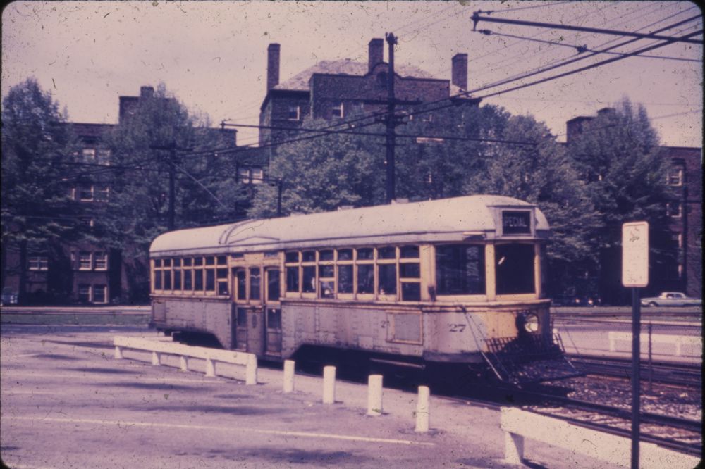 Yellow 1227 Trolley in Shaker Heights OH in 1960