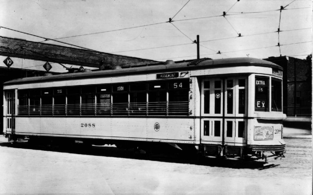 Cream colored trolley 2052 in Montreal